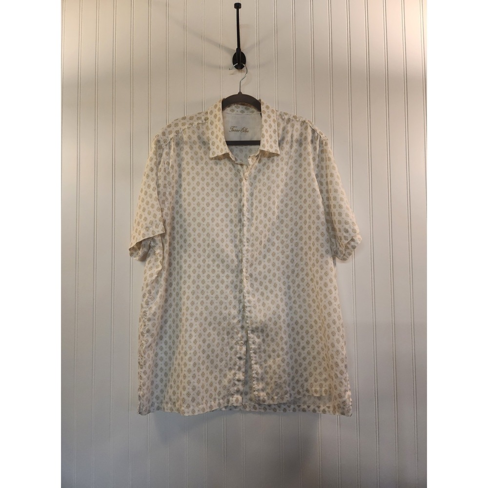 Tasso Elba Men's White Diamond Pattern 100% Linen Button-Up Shirt Size XL Beach